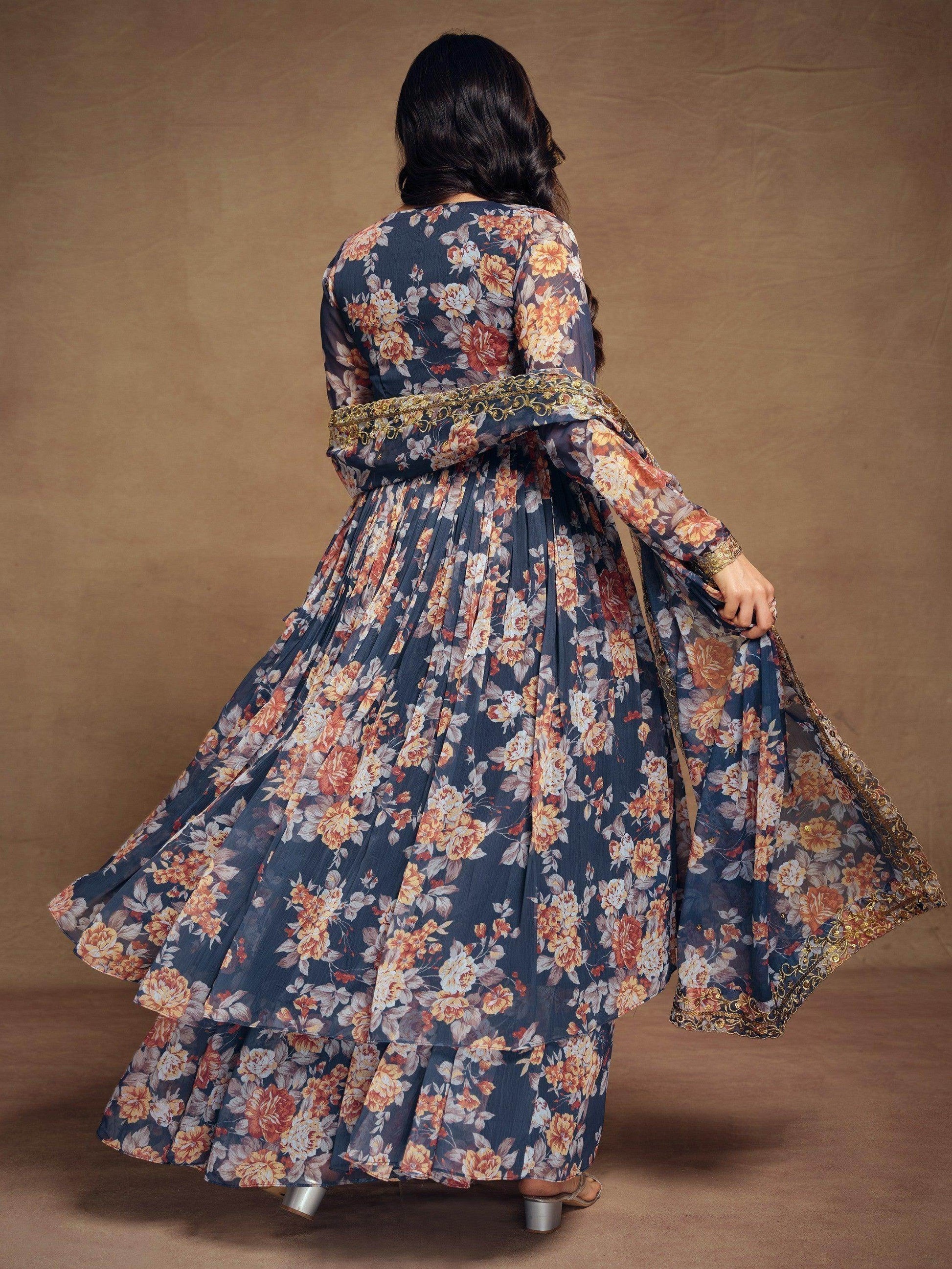 Magnetic Blue Floral Printed Chiffon Function Wear Palazzo Suit - Zeel Clothing