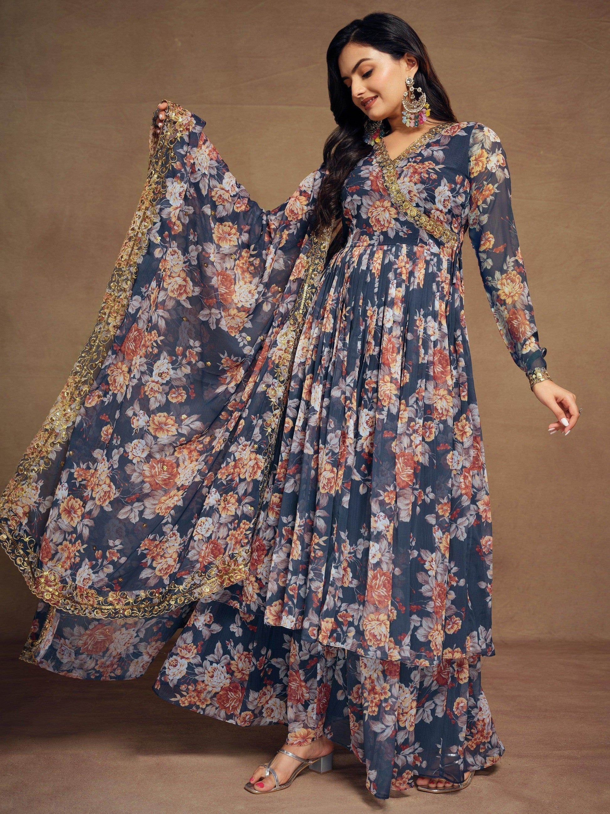 Magnetic Blue Floral Printed Chiffon Function Wear Palazzo Suit - Zeel Clothing