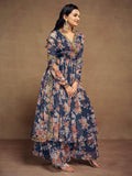 Magnetic Blue Floral Printed Chiffon Function Wear Palazzo Suit - Zeel Clothing