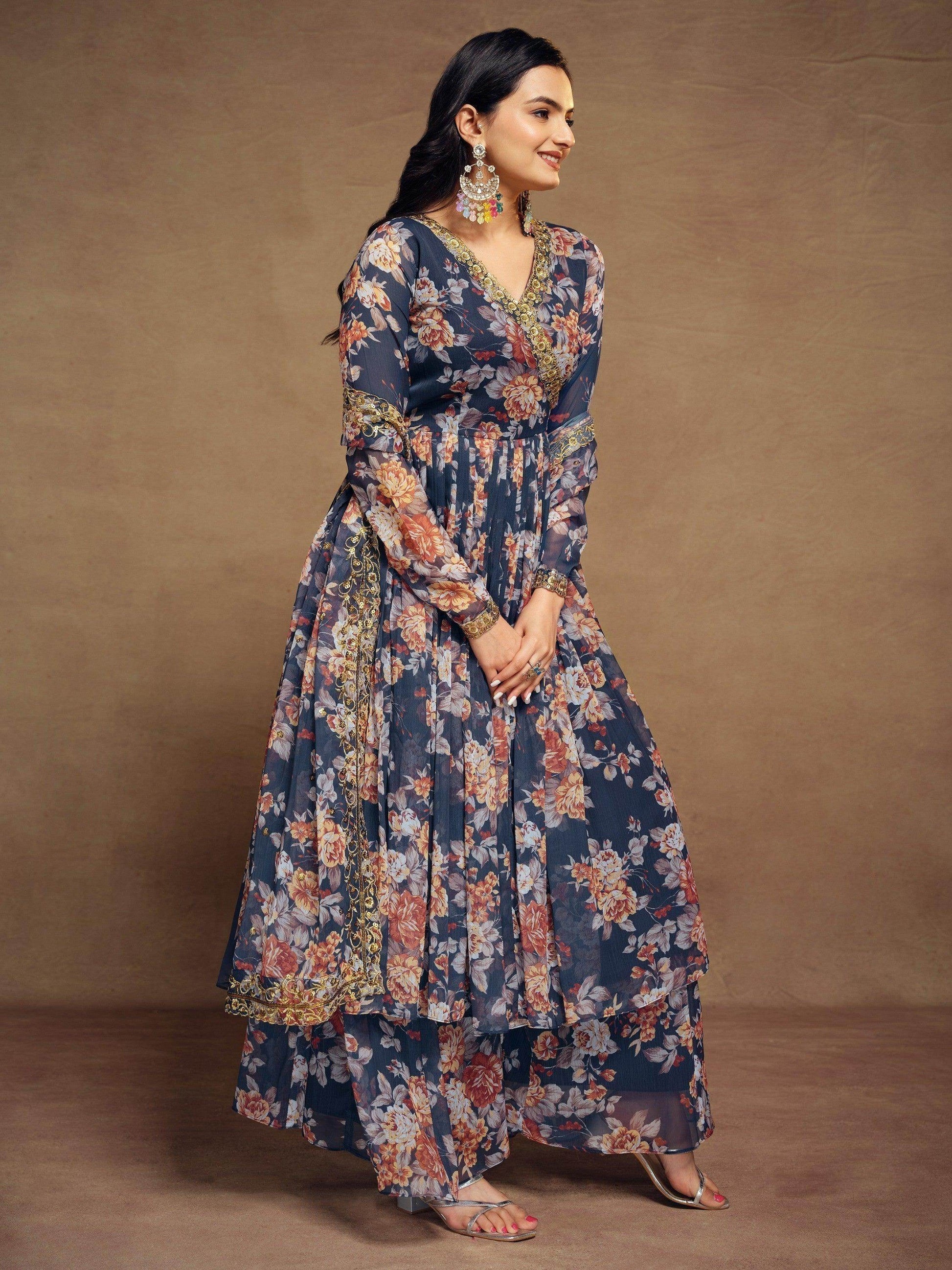 Magnetic Blue Floral Printed Chiffon Function Wear Palazzo Suit - Zeel Clothing
