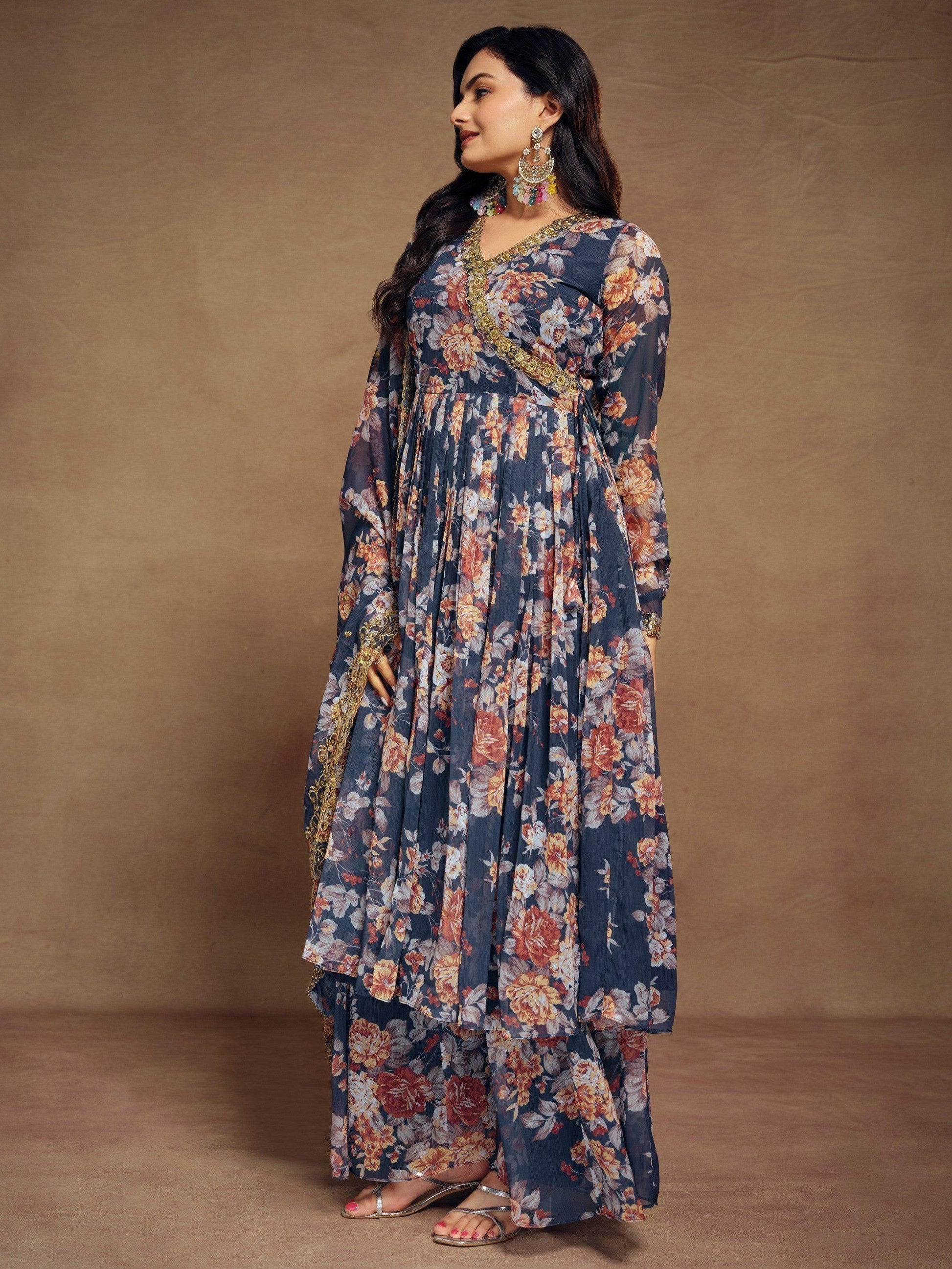 Magnetic Blue Floral Printed Chiffon Function Wear Palazzo Suit - Zeel Clothing