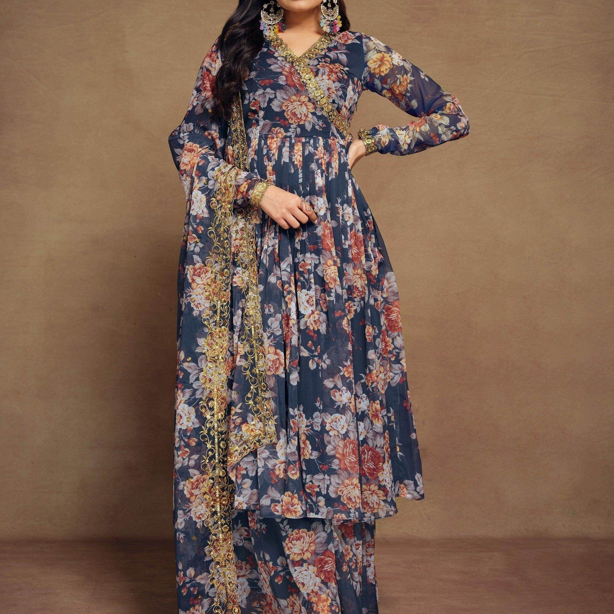 Magnetic Blue Floral Printed Chiffon Function Wear Palazzo Suit - Zeel Clothing