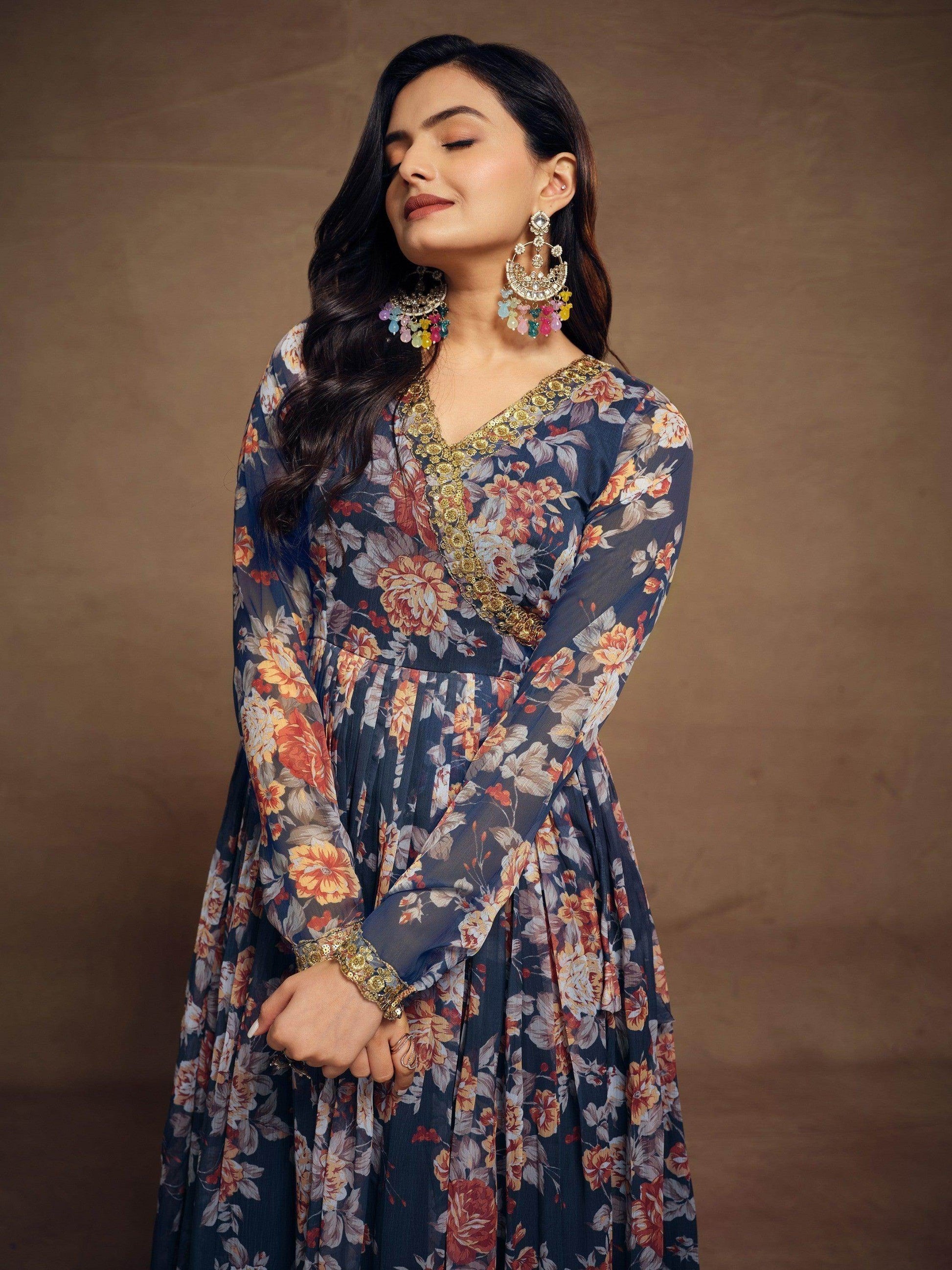 Magnetic Blue Floral Printed Chiffon Function Wear Palazzo Suit - Zeel Clothing
