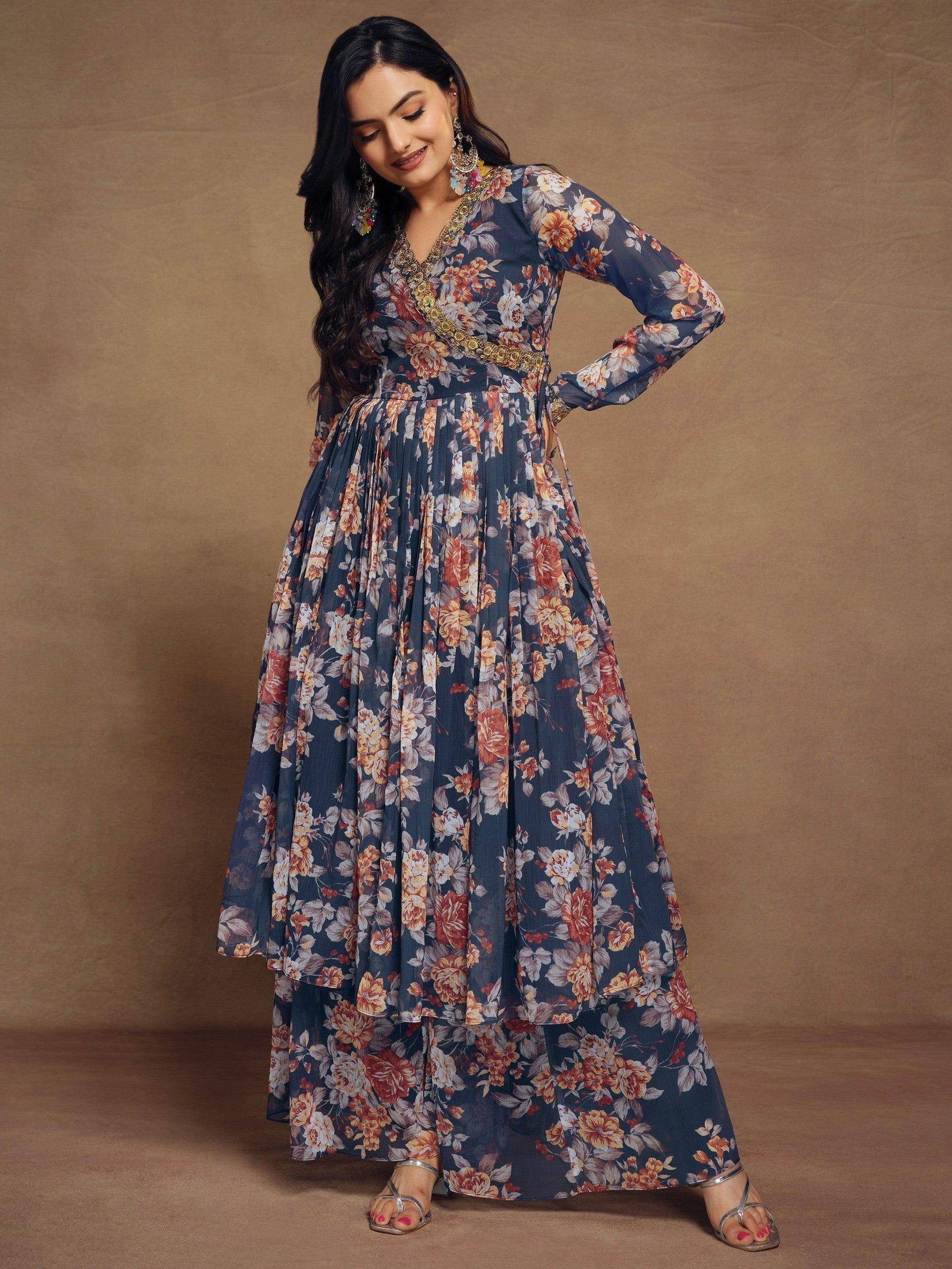 Magnetic Blue Floral Printed Chiffon Function Wear Palazzo Suit - Zeel Clothing