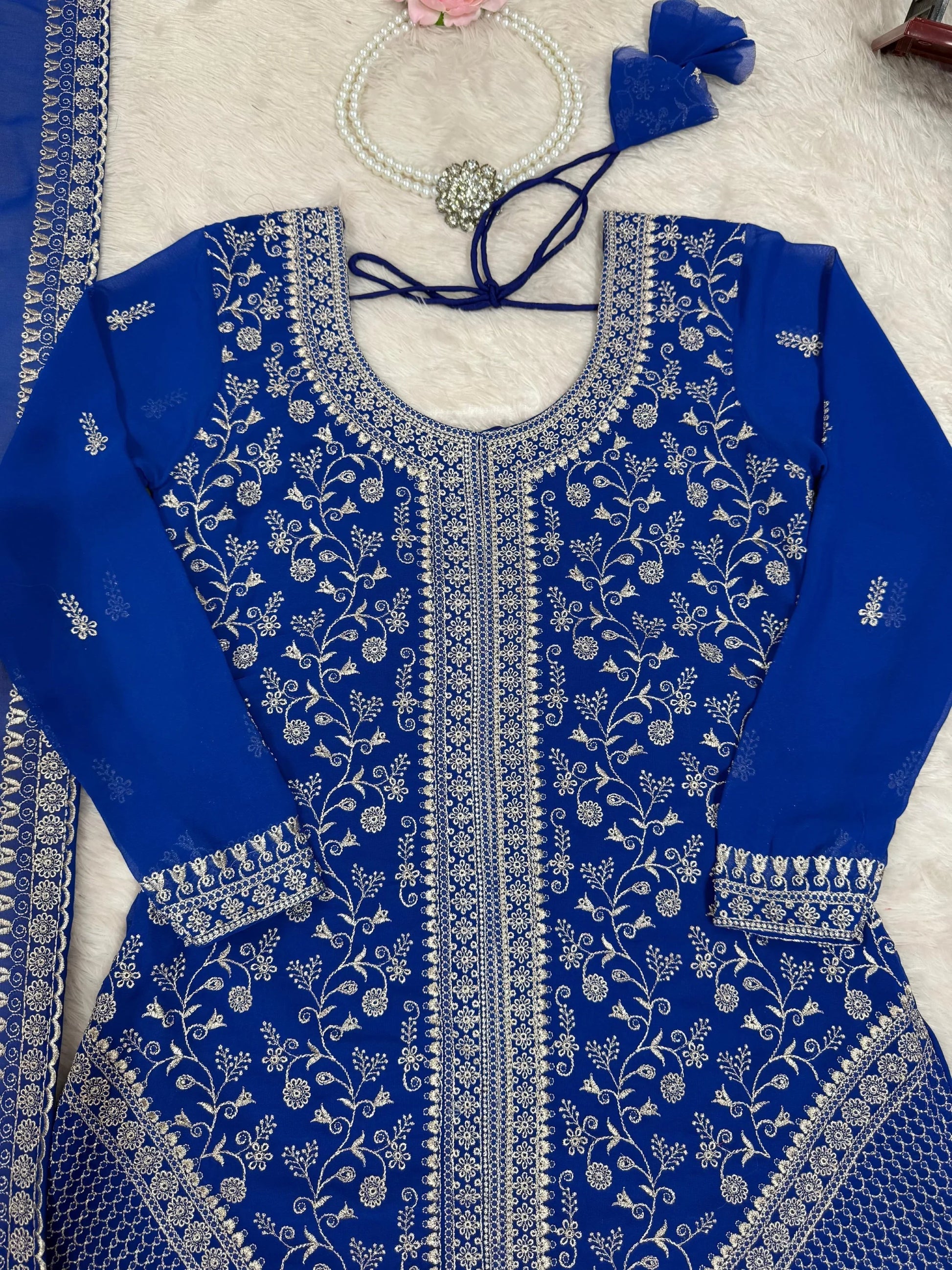 Magnetic Blue Sequins Georgette Festive Wear Palazzo Suit With Dupatta