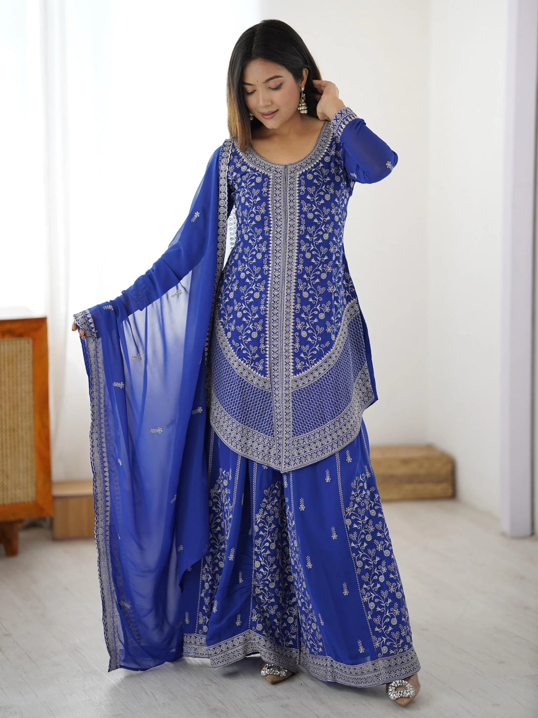 Magnetic Blue Sequins Georgette Festive Wear Palazzo Suit With Dupatta
