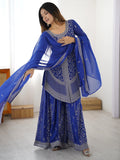 Magnetic Blue Sequins Georgette Festive Wear Palazzo Suit With Dupatta