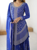 Magnetic Blue Sequins Georgette Festive Wear Palazzo Suit With Dupatta