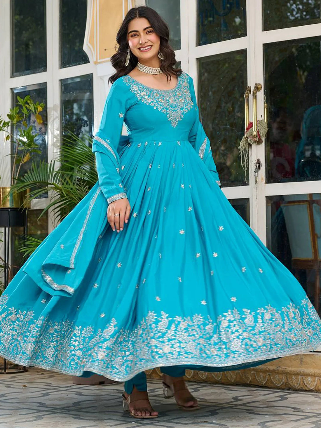 Magnetic Blue Sequins Work Silk Festival Wear Gown With Dupatta