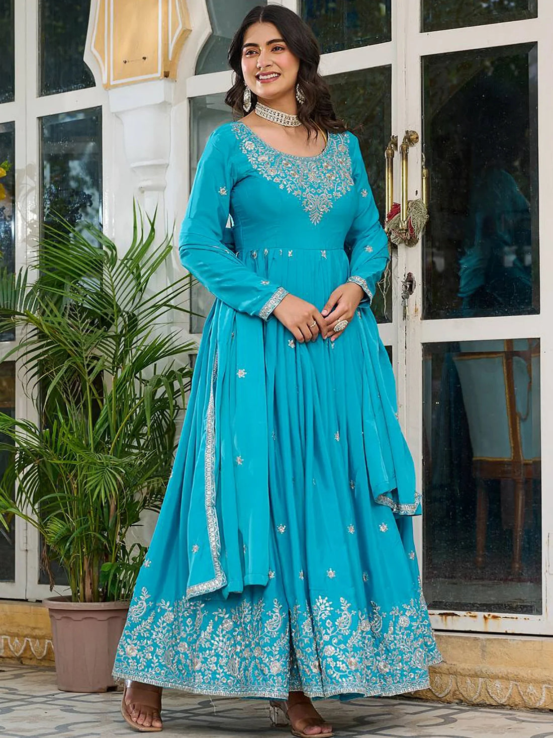 Magnetic Blue Sequins Work Silk Festival Wear Gown With Dupatta