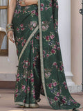 Magnetic Bottle Green Floral Printed Silk Mehendi Wear Saree With Blouse - Zeel Clothing