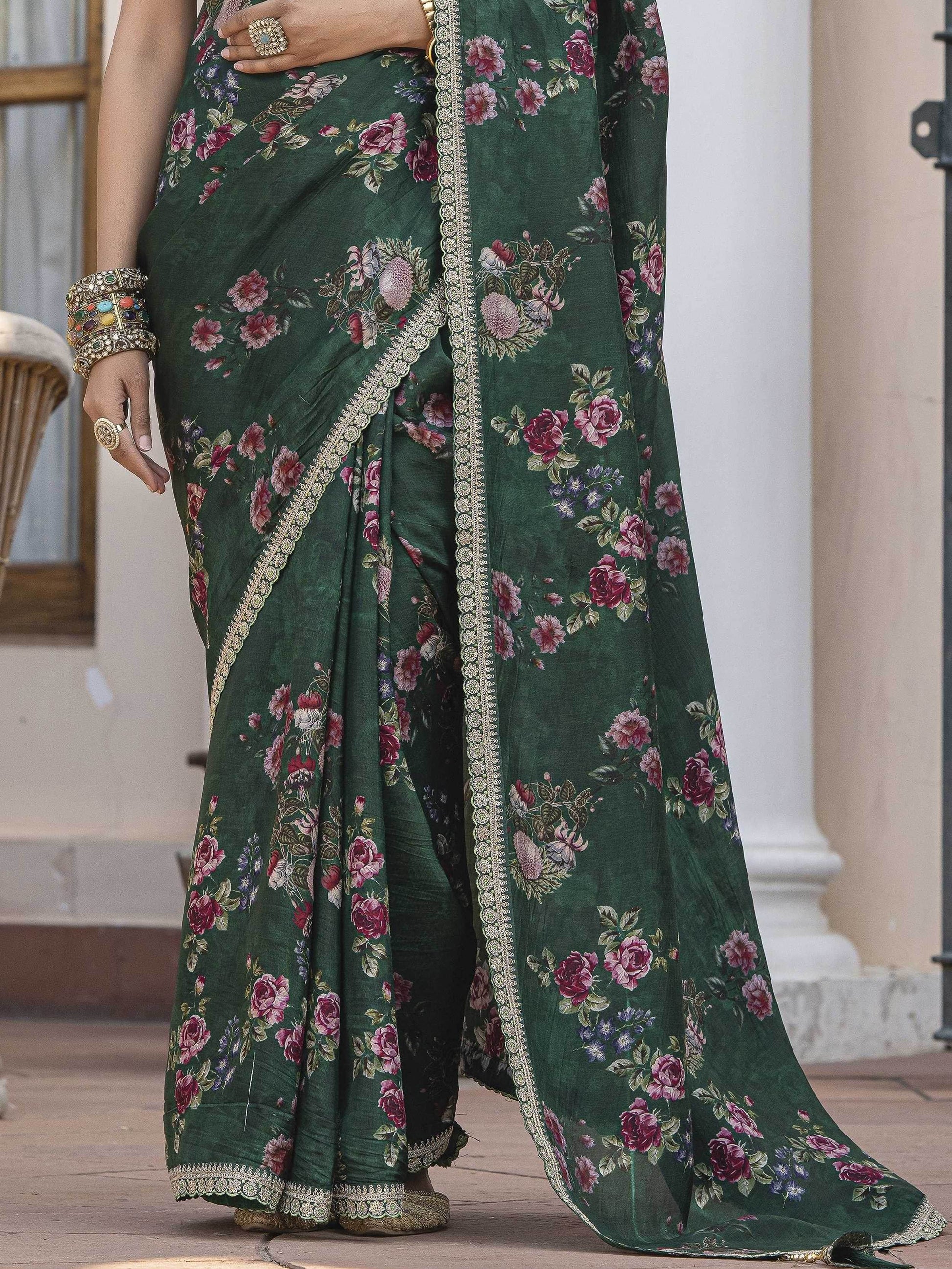 Magnetic Bottle Green Floral Printed Silk Mehendi Wear Saree With Blouse - Zeel Clothing