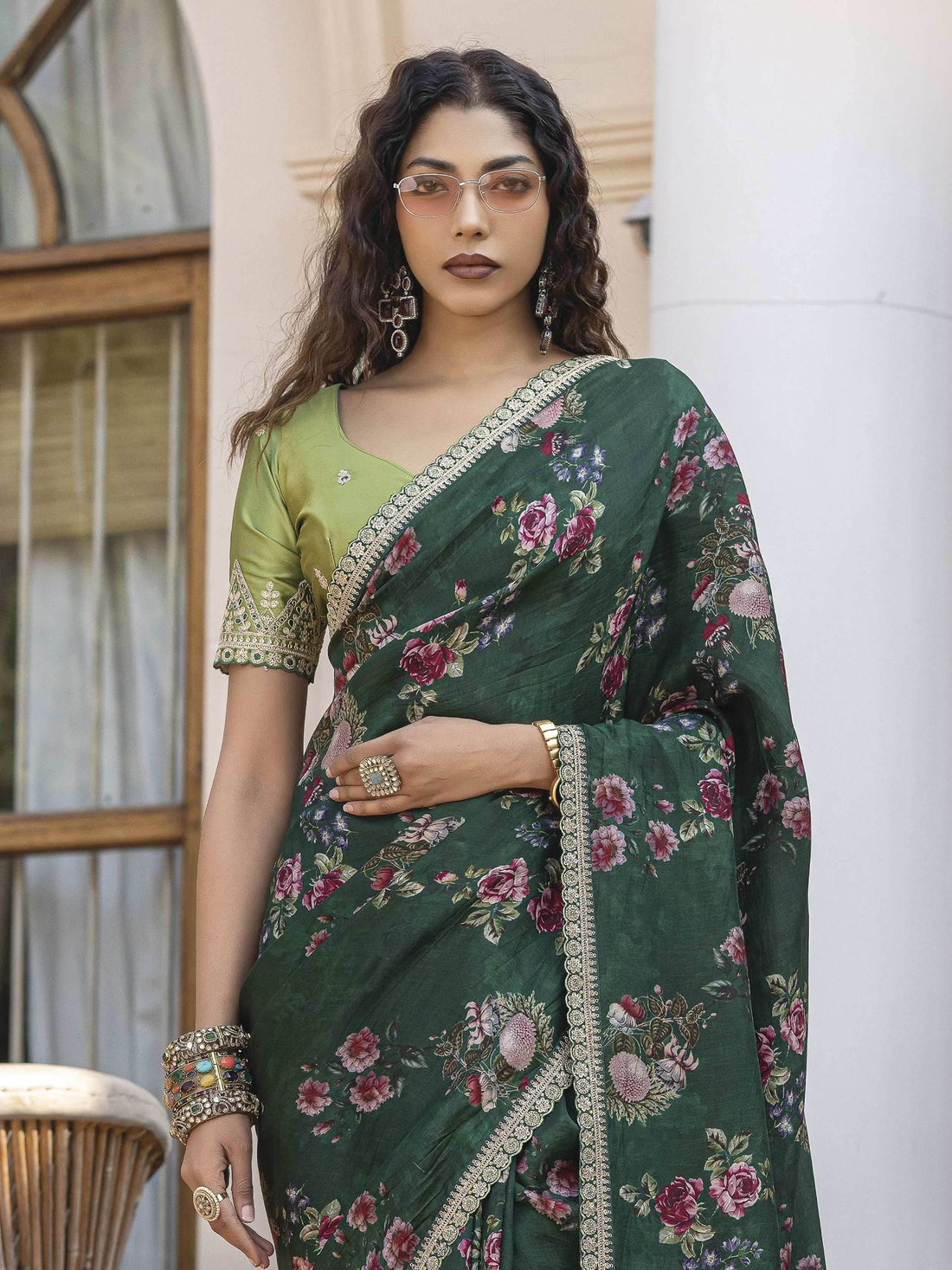 Magnetic Bottle Green Floral Printed Silk Mehendi Wear Saree With Blouse - Zeel Clothing