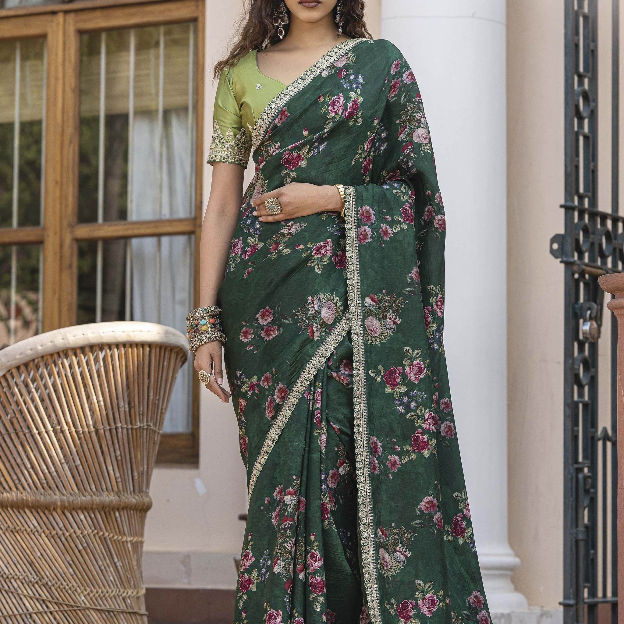 Magnetic Bottle Green Floral Printed Silk Mehendi Wear Saree With Blouse - Zeel Clothing