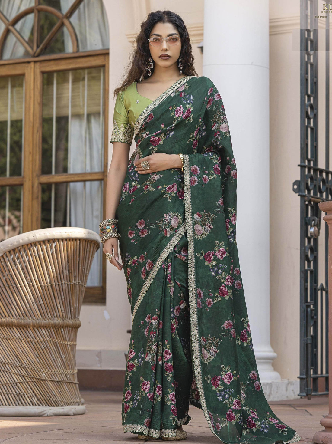 Magnetic Bottle Green Floral Printed Silk Mehendi Wear Saree With Blouse - Zeel Clothing