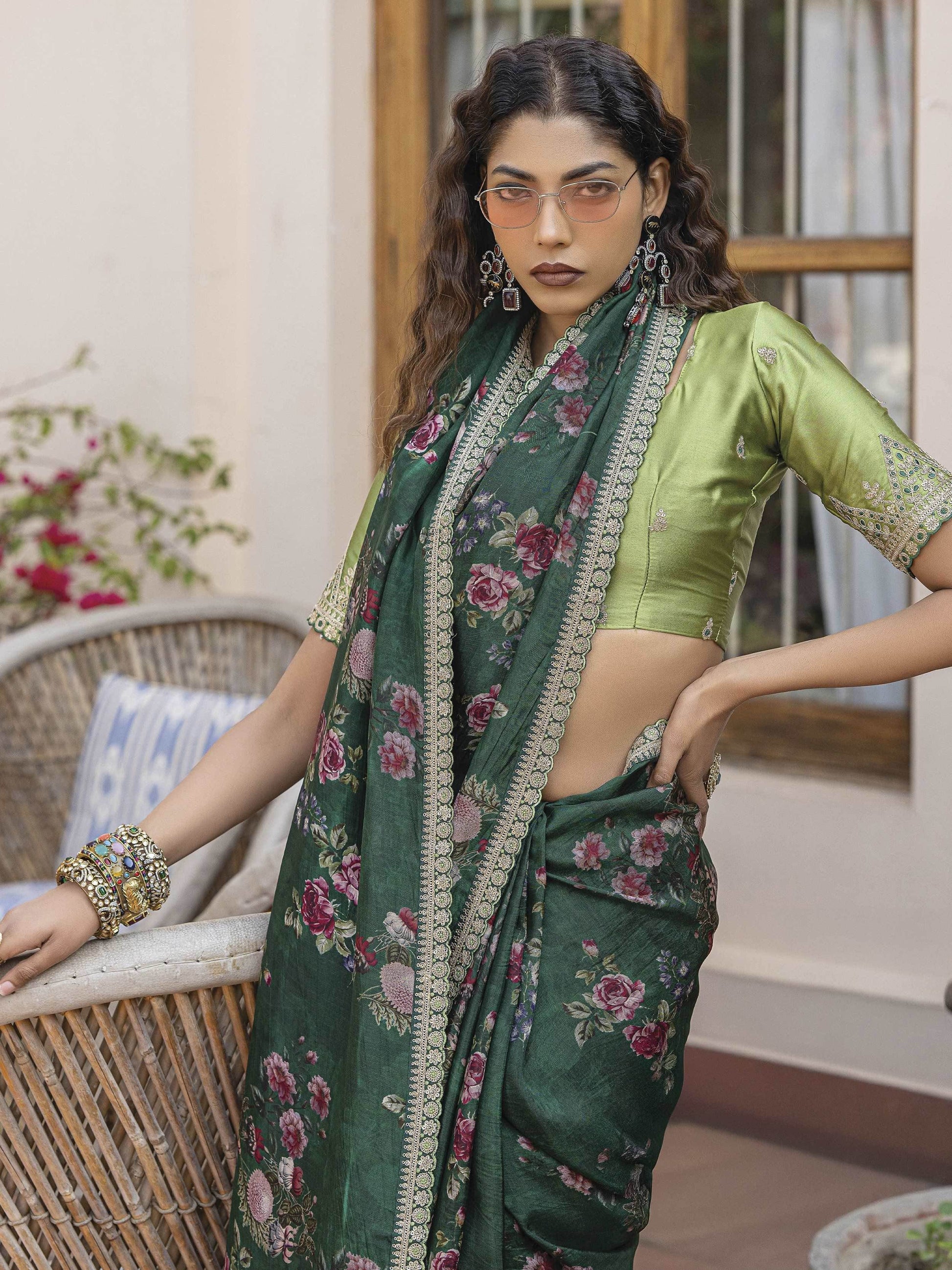 Magnetic Bottle Green Floral Printed Silk Mehendi Wear Saree With Blouse - Zeel Clothing