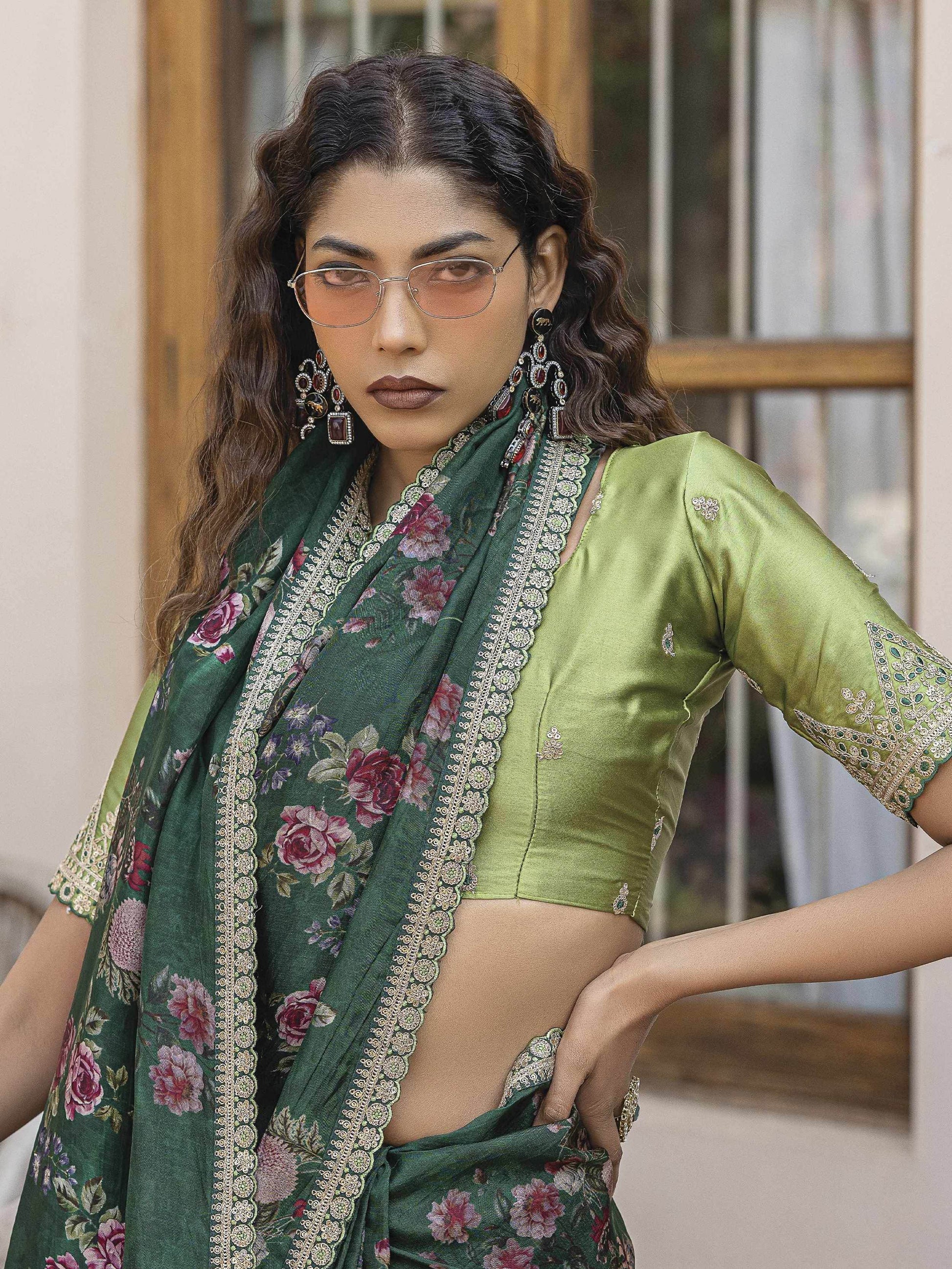 Magnetic Bottle Green Floral Printed Silk Mehendi Wear Saree With Blouse - Zeel Clothing