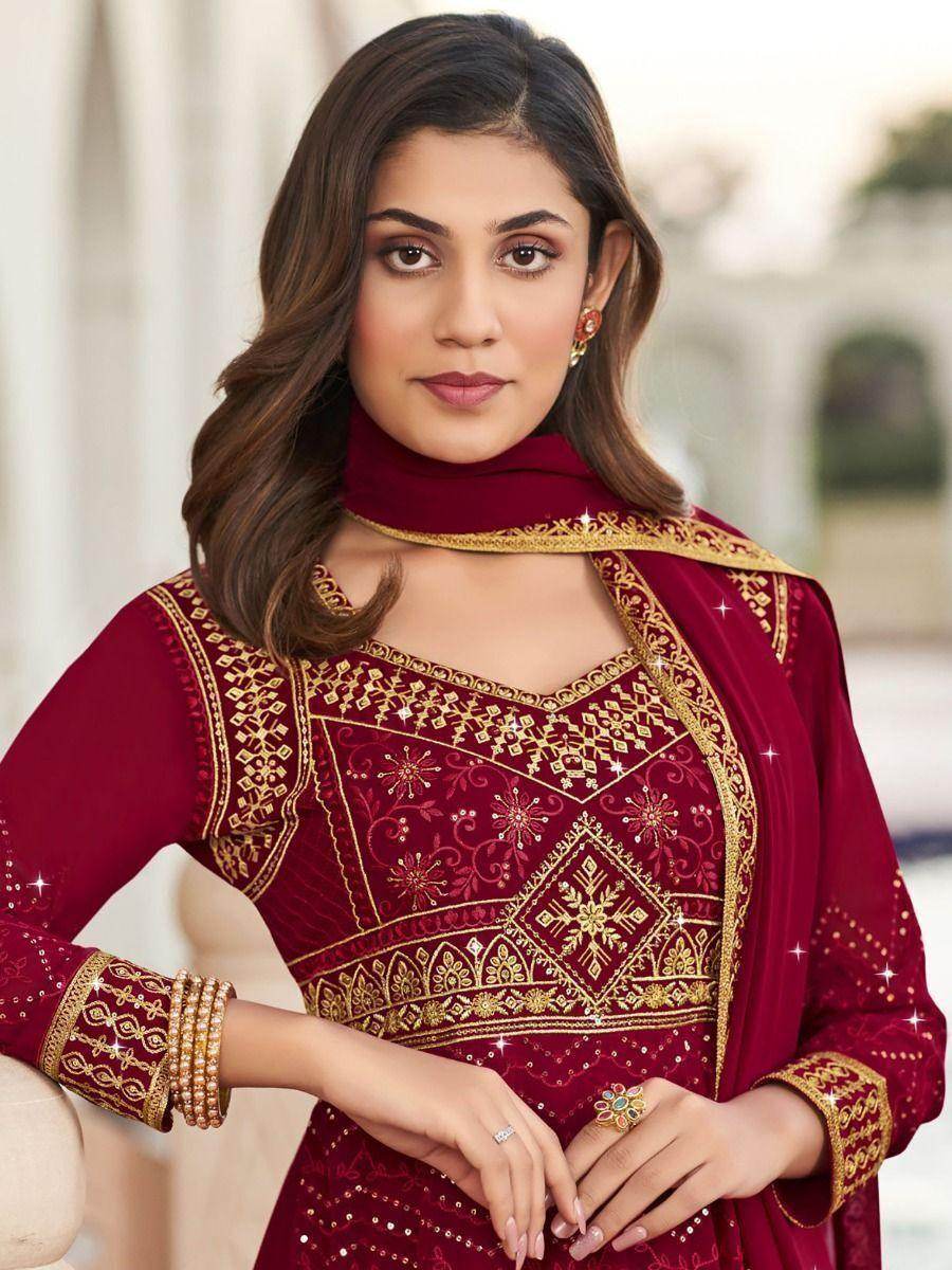 Magnetic Burgundy Embroidered Georgette Gown - Zeel Clothing
