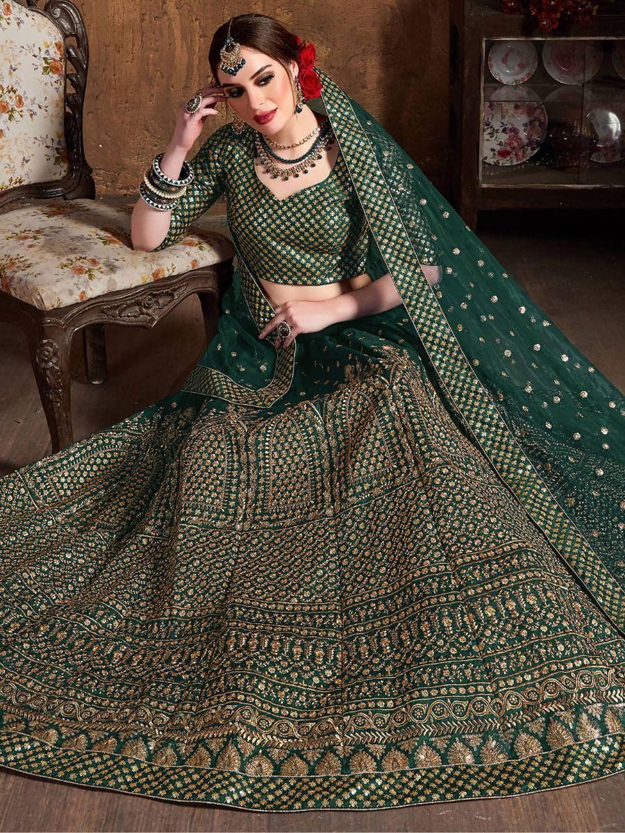 Magnetic Green Sequins Raw Silk Wedding Wear Lehenga Choli