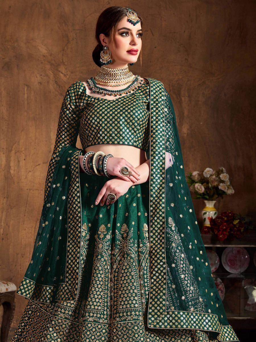 Magnetic Green Sequins Raw Silk Wedding Wear Lehenga Choli - Zeel Clothing