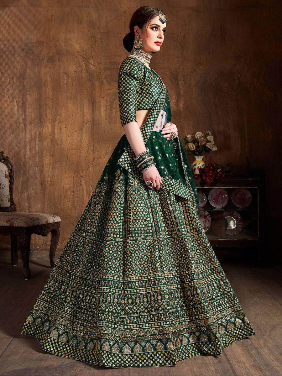 Magnetic Green Sequins Raw Silk Wedding Wear Lehenga Choli - Zeel Clothing