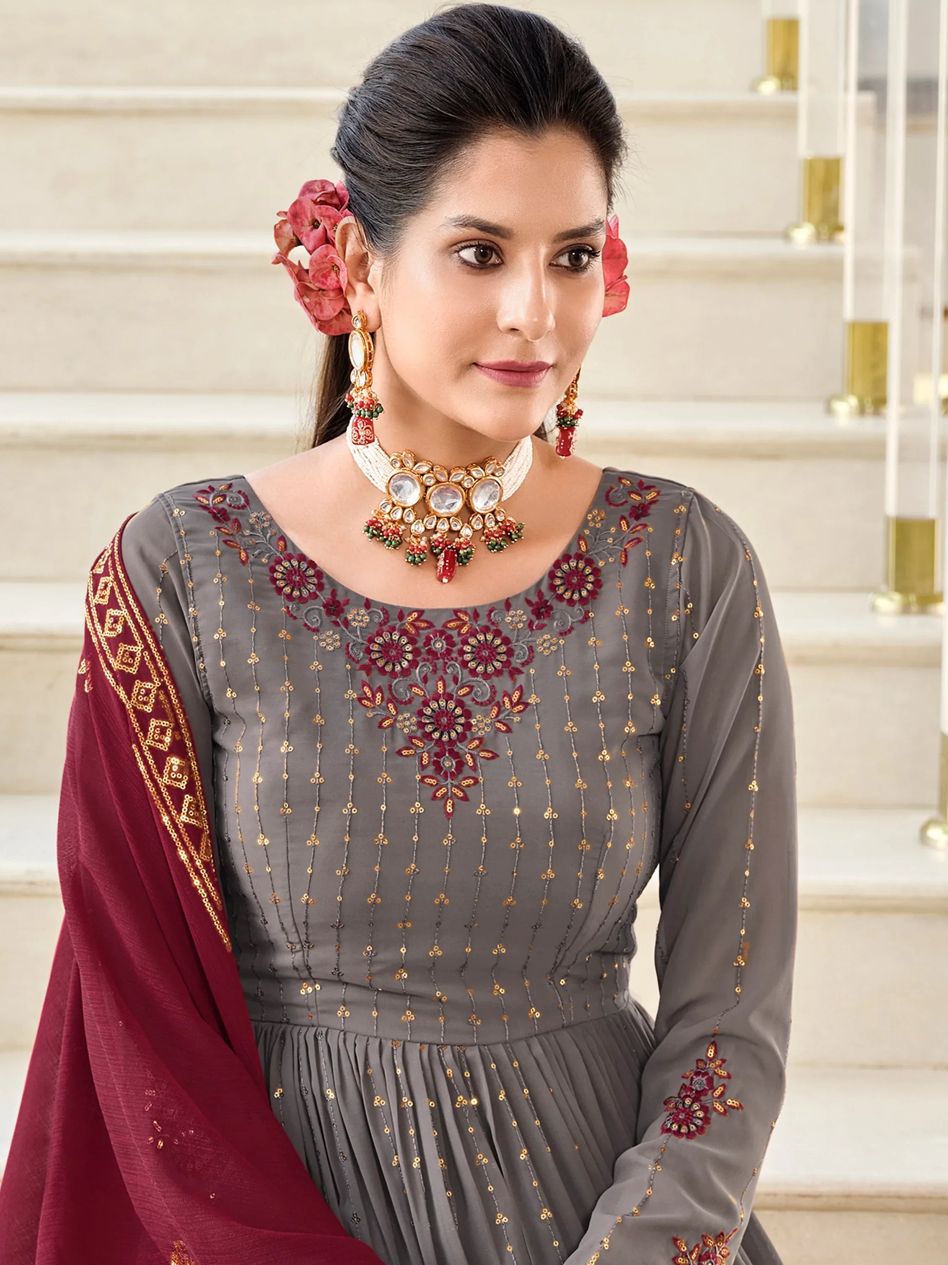 Magnetic Grey Sequins Georgette Wedding Wear Salwar Kameez - Zeel Clothing