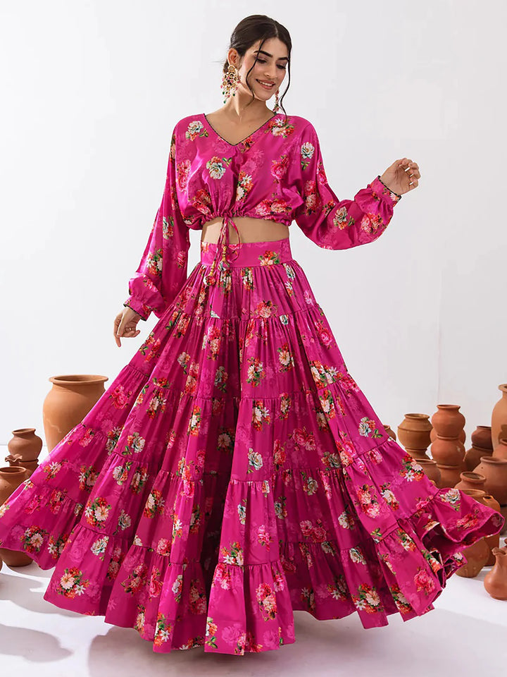 Magnetic Magenta Floral Printed Chinon Festival Wear Crop Top Lehenga - Zeel Clothing