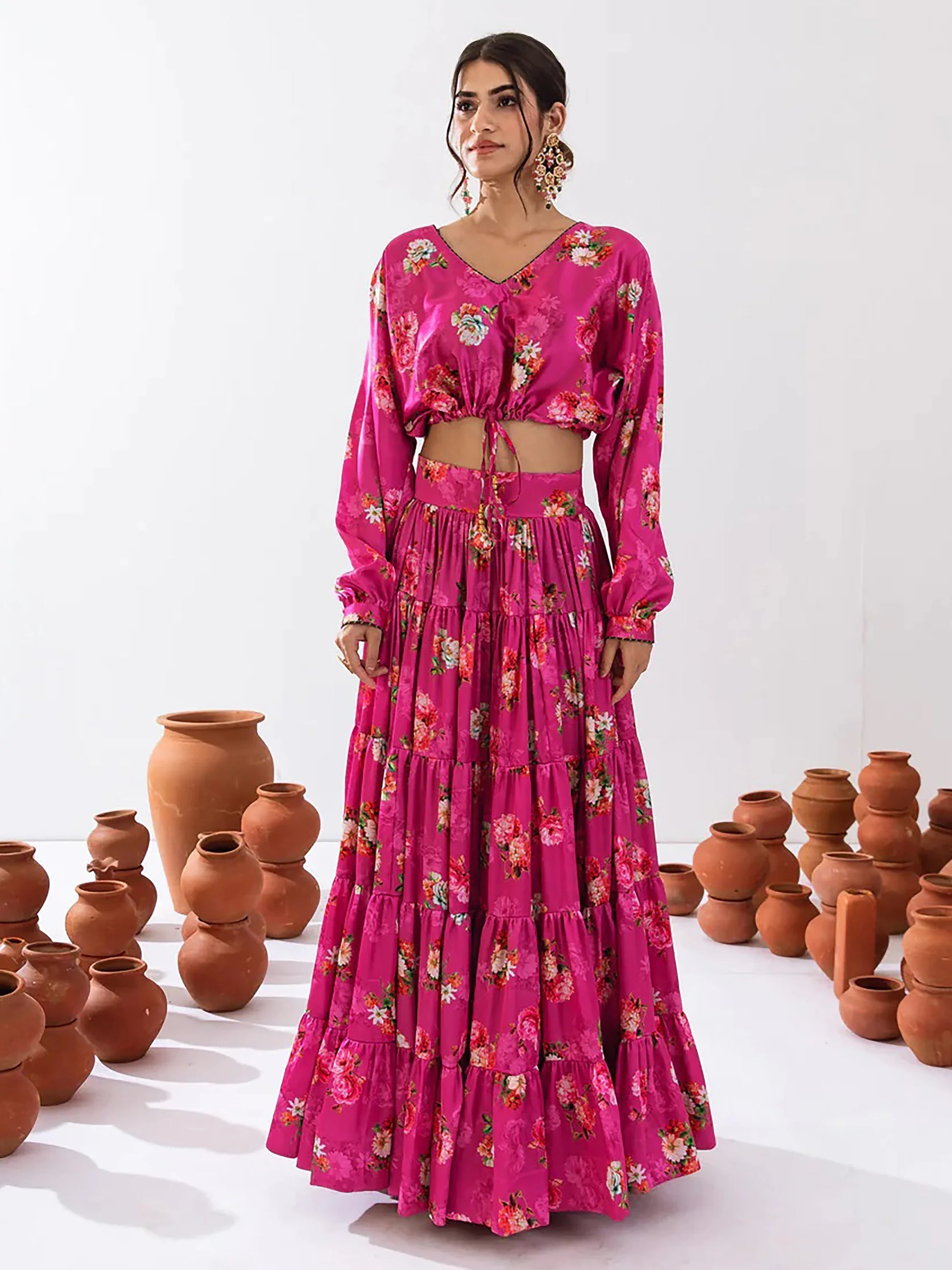 Magnetic Magenta Floral Printed Chinon Festival Wear Crop Top Lehenga - Zeel Clothing
