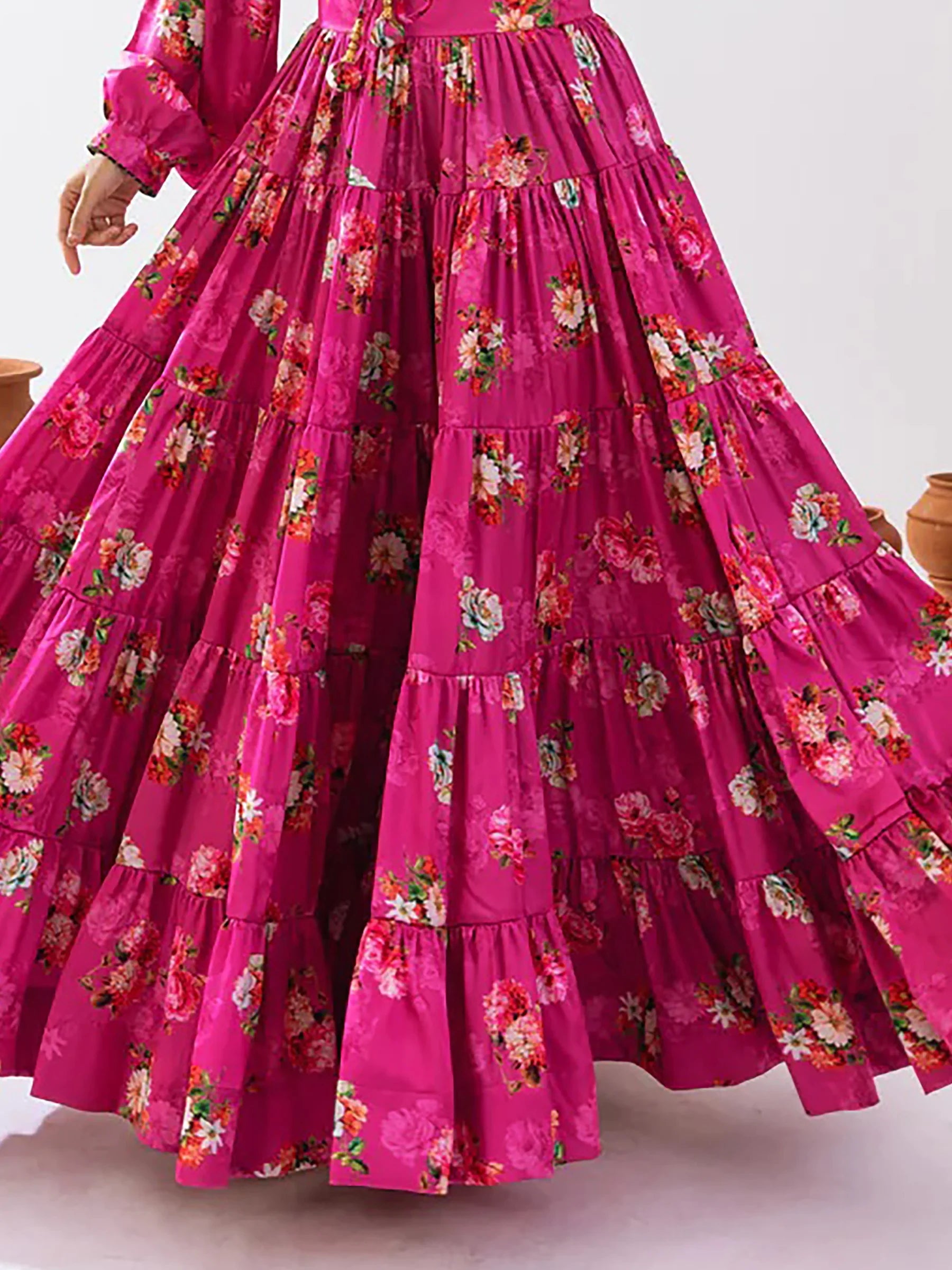 Magnetic Magenta Floral Printed Chinon Festival Wear Crop Top Lehenga - Zeel Clothing