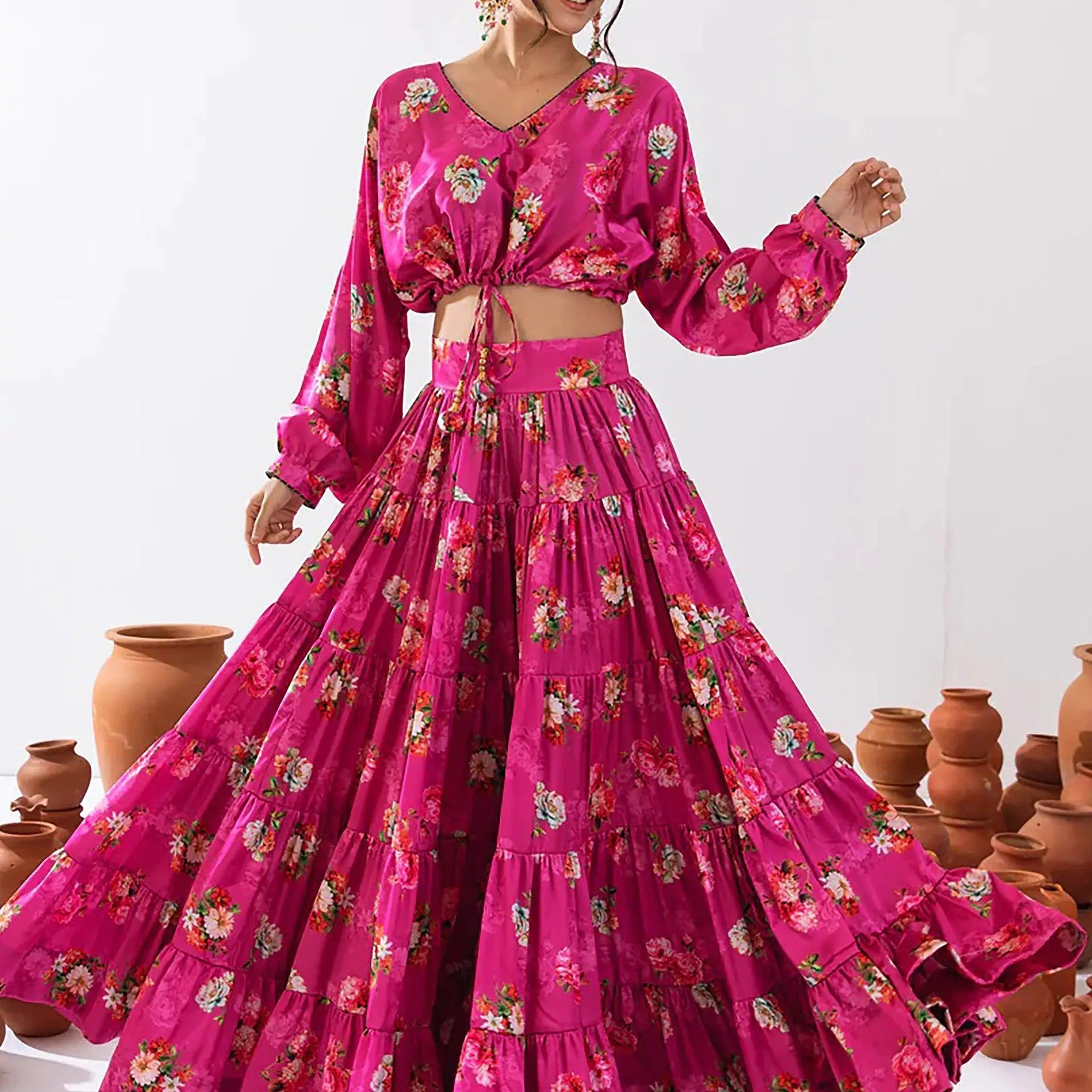 Magnetic Magenta Floral Printed Chinon Festival Wear Crop Top Lehenga - Zeel Clothing