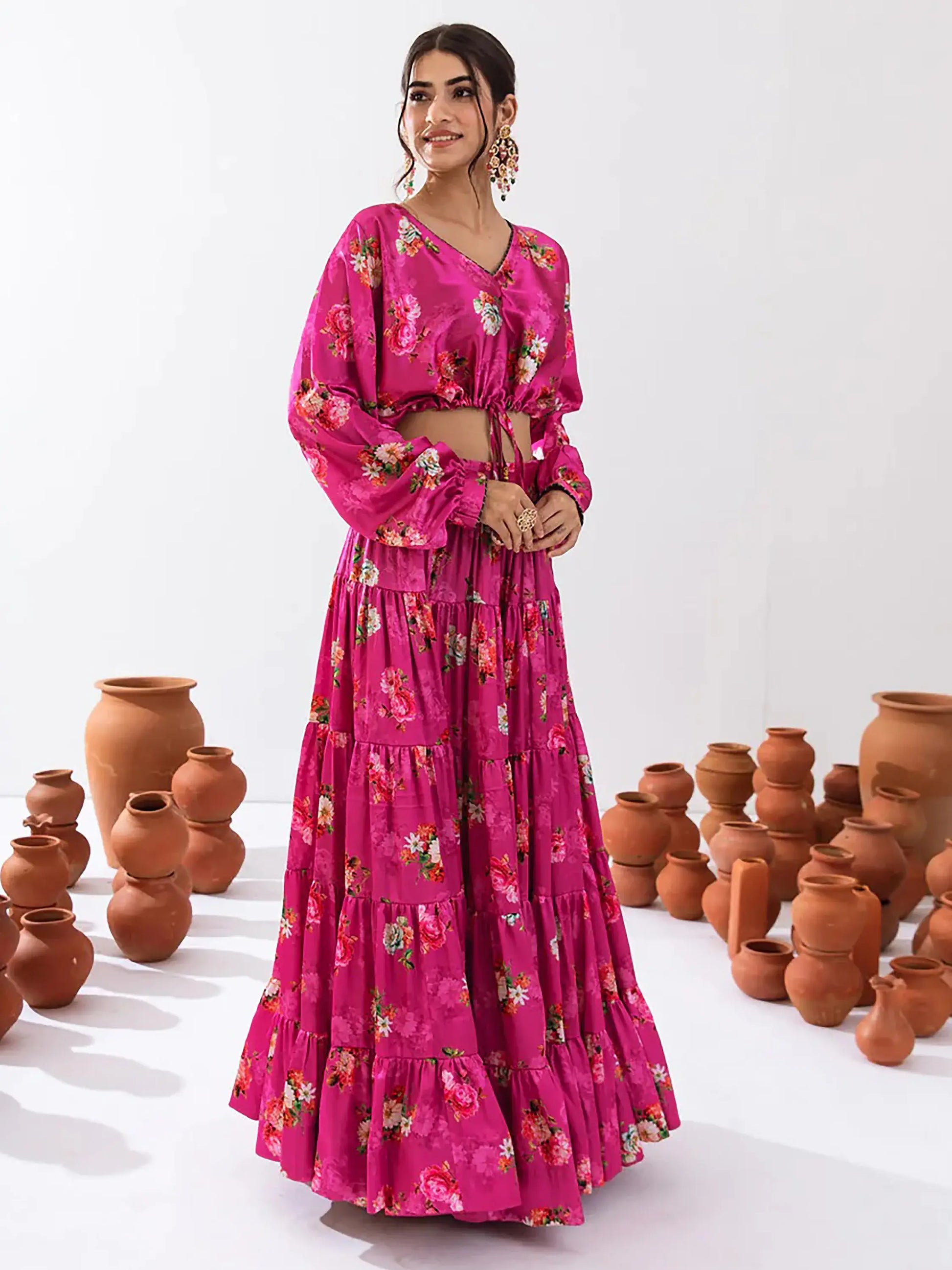 Magnetic Magenta Floral Printed Chinon Festival Wear Crop Top Lehenga - Zeel Clothing