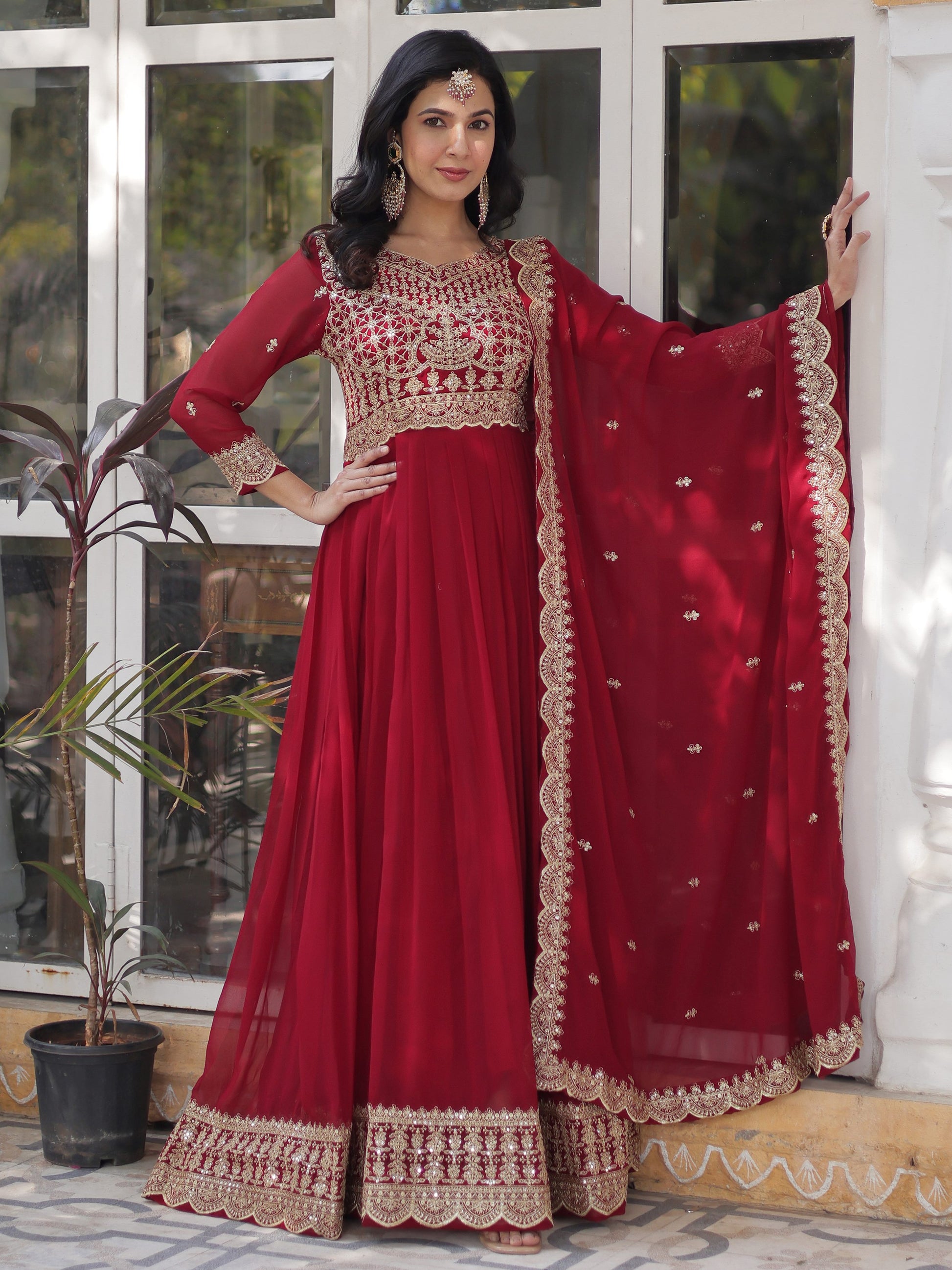 Magnetic Maroon Zari Embroidery Georgette Wedding Wear Gown With Dupatta