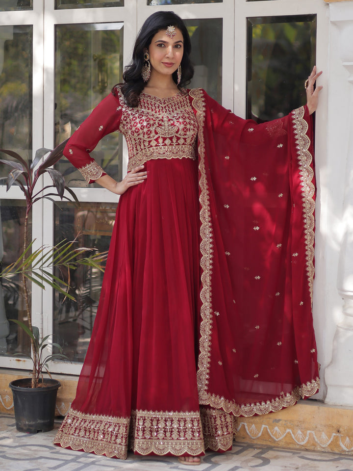 Magnetic Maroon Zari Embroidery Georgette Wedding Wear Gown With Dupatta