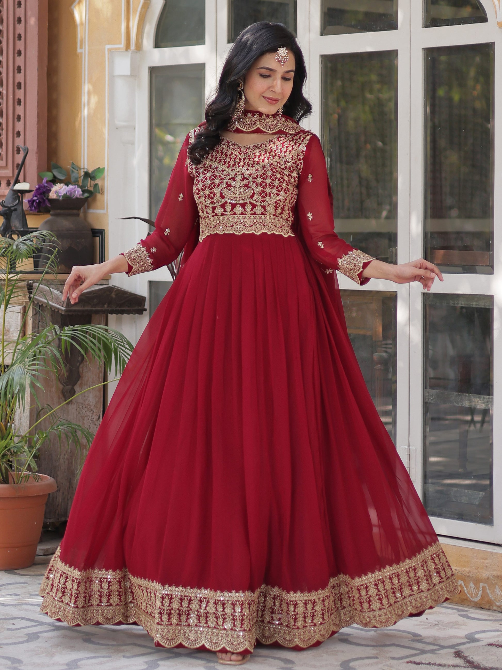 Magnetic Maroon Zari Embroidery Georgette Wedding Wear Gown With Dupatta