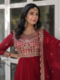 Magnetic Maroon Zari Embroidery Georgette Wedding Wear Gown With Dupatta