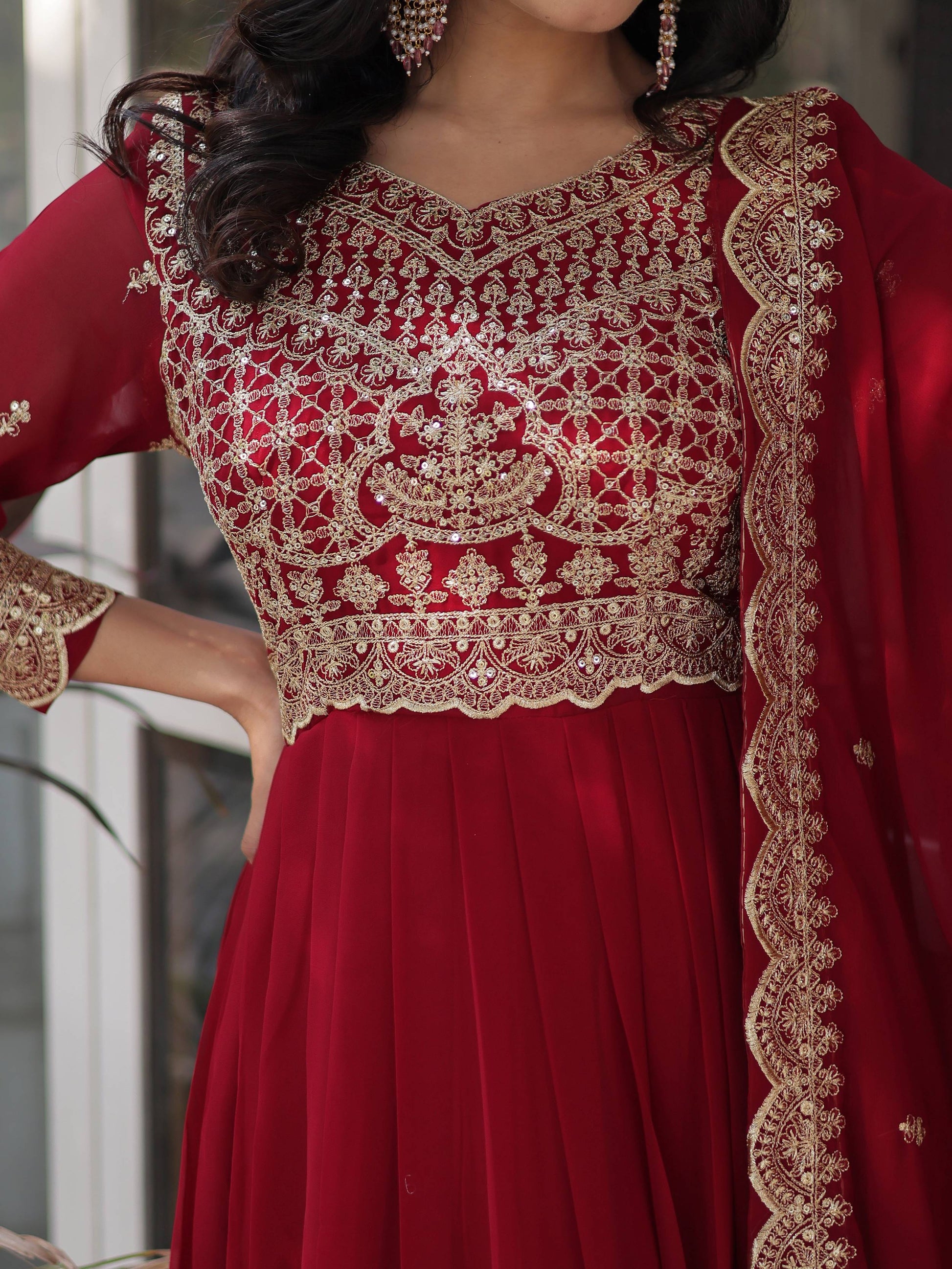 Magnetic Maroon Zari Embroidery Georgette Wedding Wear Gown With Dupatta