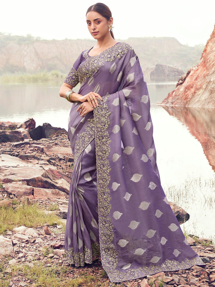 Magnetic Mauve Zari Weaving Tissue Reception Wear Saree With Blouse
