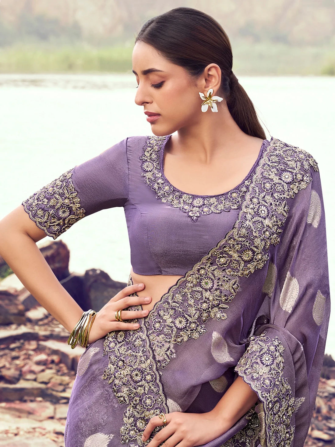 Magnetic Mauve Zari Weaving Tissue Reception Wear Saree With Blouse
