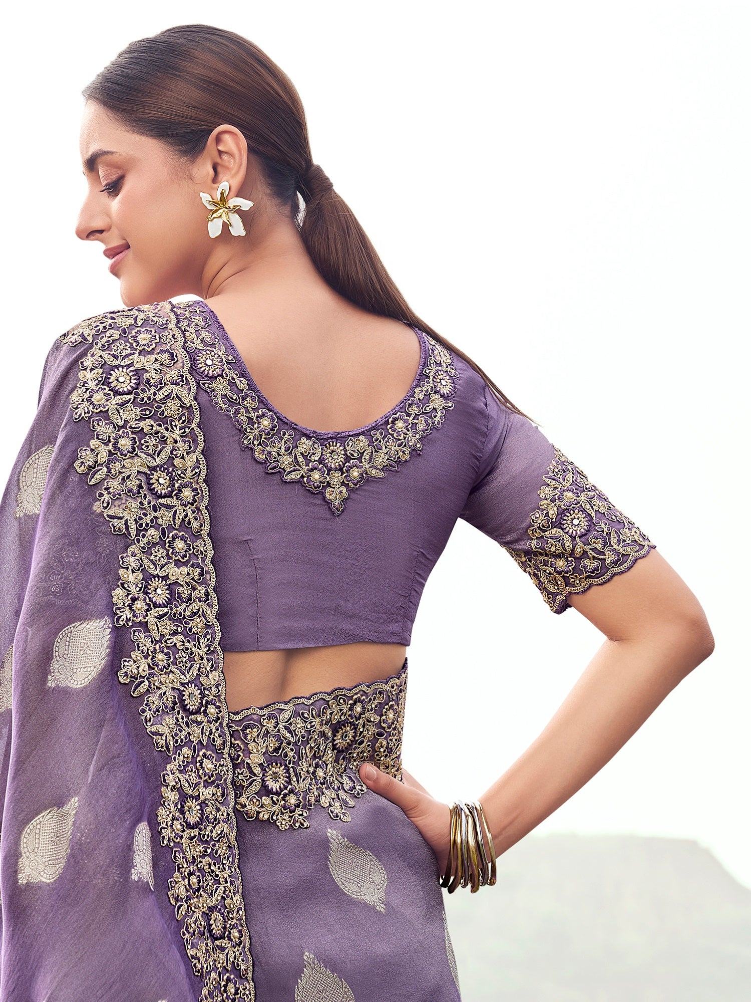 Magnetic Mauve Zari Weaving Tissue Reception Wear Saree With Blouse