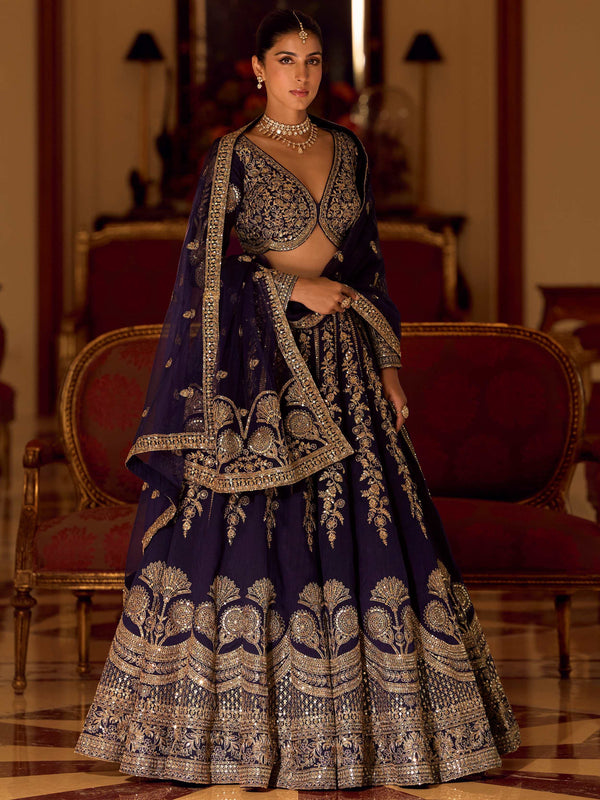 Magnetic Navy Blue Sequins Silk Bridesmaid Lehenga Choli With Dupatta