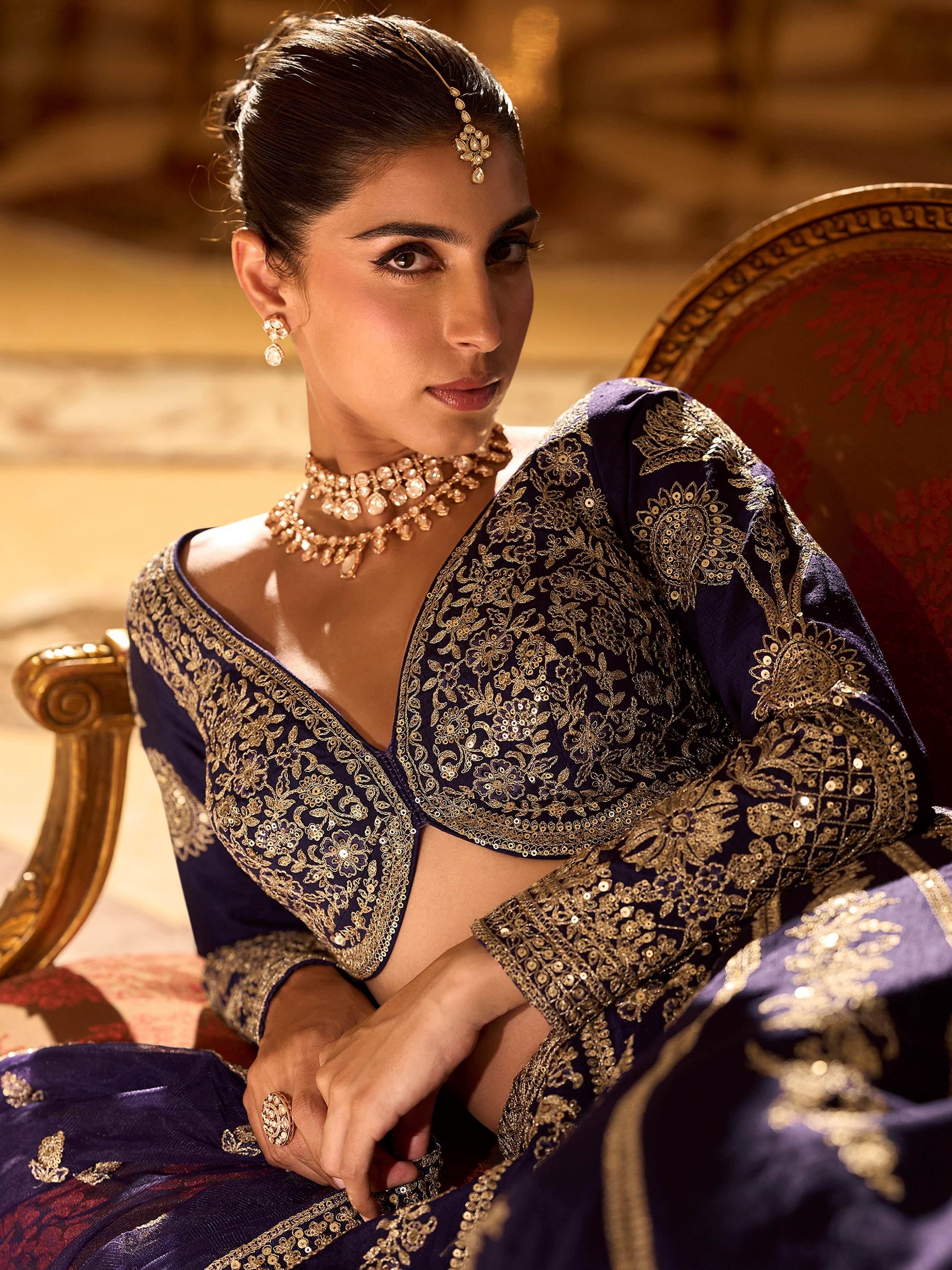 Magnetic Navy Blue Sequins Silk Bridesmaid Lehenga Choli With Dupatta