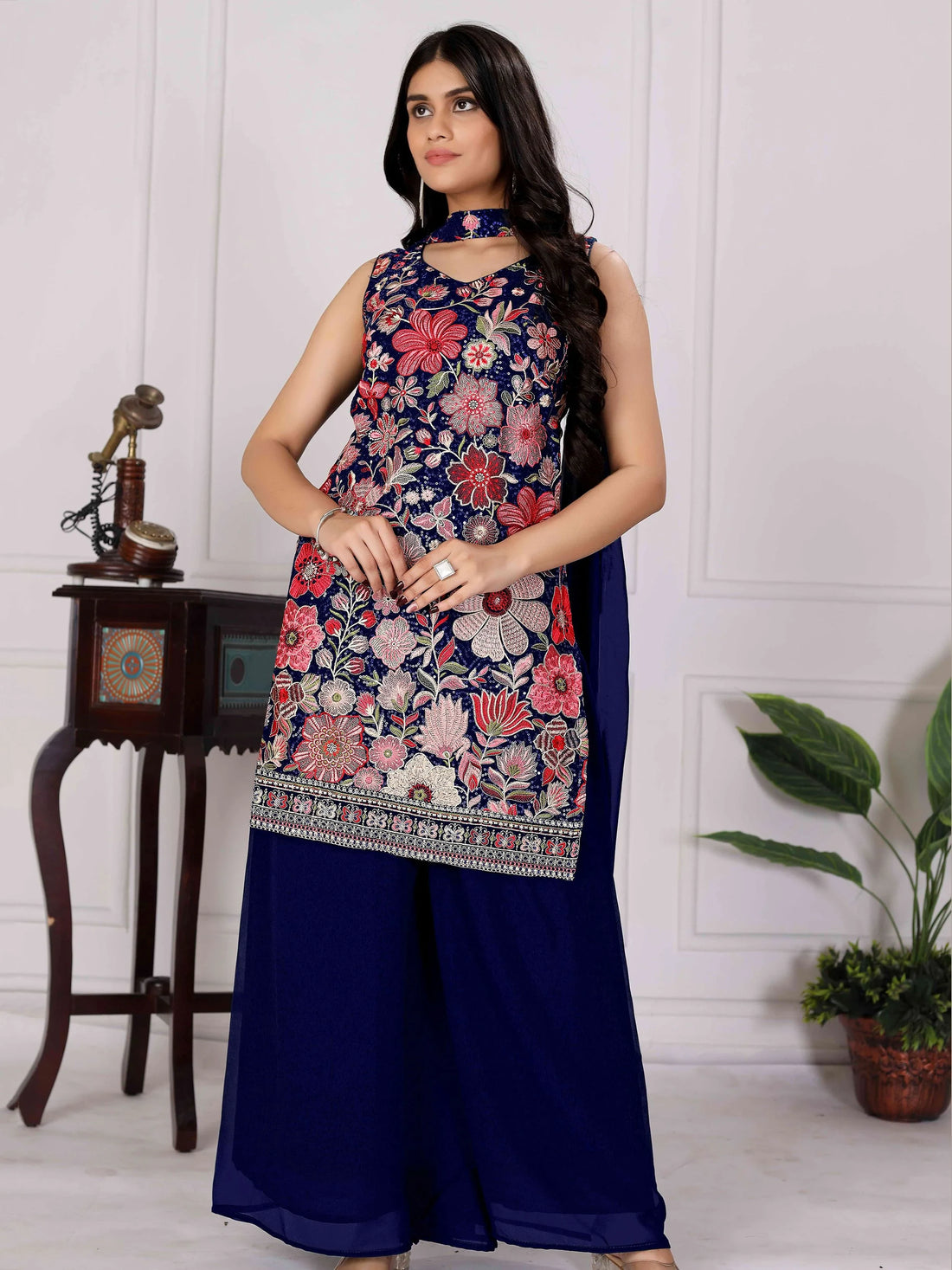 Magnetic Navy Blue Thread Embroidery Georgette Designer Palazzo Suit