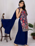 Magnetic Navy Blue Thread Embroidery Georgette Designer Palazzo Suit