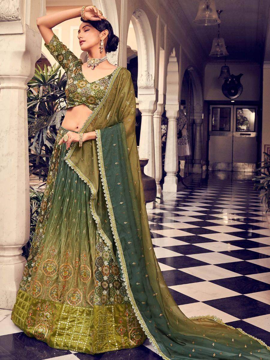 Magnetic Olive Green Digital Printed Silk Reception Wear Lehenga Choli - Zeel Clothing