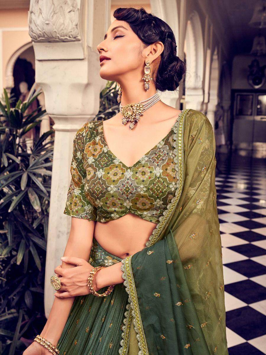 Magnetic Olive Green Digital Printed Silk Reception Wear Lehenga Choli - Zeel Clothing