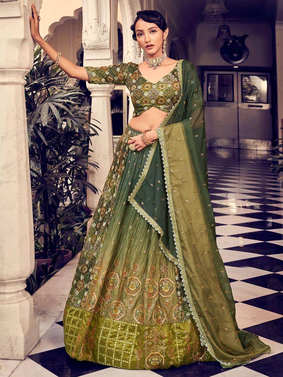 Magnetic Olive Green Digital Printed Silk Reception Wear Lehenga Choli - Zeel Clothing