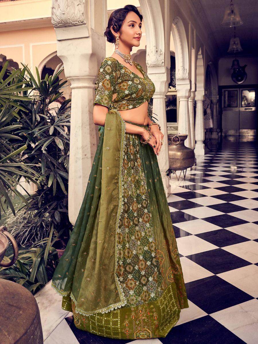 Magnetic Olive Green Digital Printed Silk Reception Wear Lehenga Choli - Zeel Clothing