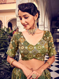 Magnetic Olive Green Digital Printed Silk Reception Wear Lehenga Choli - Zeel Clothing
