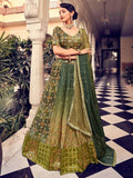 Magnetic Olive Green Digital Printed Silk Reception Wear Lehenga Choli - Zeel Clothing
