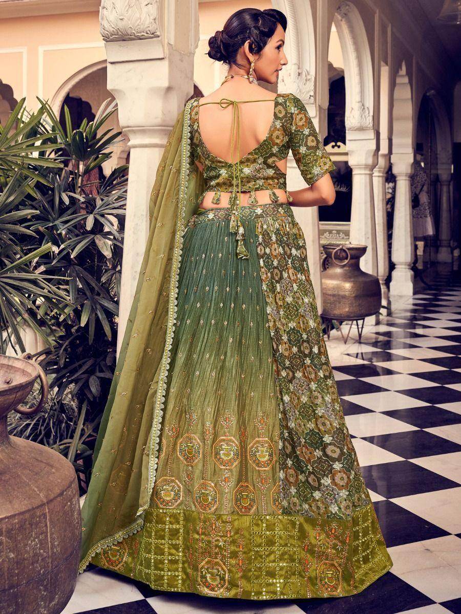 Magnetic Olive Green Digital Printed Silk Reception Wear Lehenga Choli - Zeel Clothing